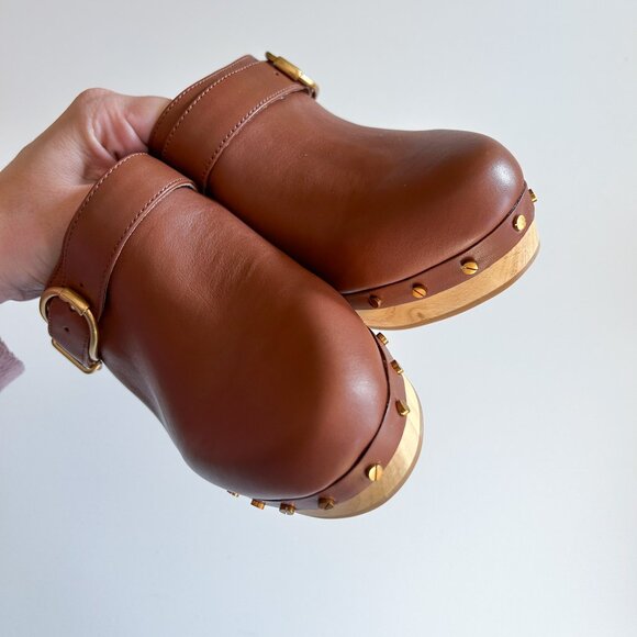 Veronica Beard Hendrix Hazelwood Brown Leather Studded High Heel Clogs 8.5 - Picture 6 of 8